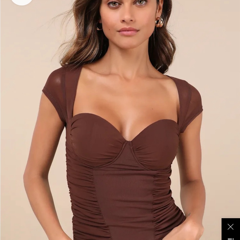 Lulu's Exceptional Flirtation Brown Mesh Ruched Cutout Short Sleeve Top